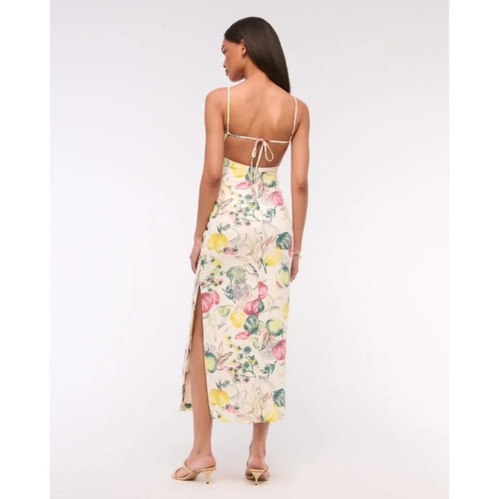 Abercrombie & Fitch Premium Linen Cutout Midi Dress Vegetable‎ Print Cream Med P